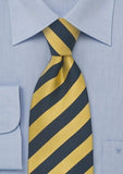 Cravata cu dungi albastru inchis si galben