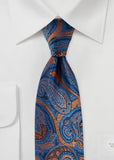 Cravata barbati jucaus paisley albastru inchis portocaliu