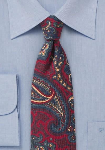 Cravată rosie, din Lână, cu motiv paisley în roșu - Cravatepedia