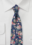 Cravata florala bumbac albastru inchis, 7.5cm