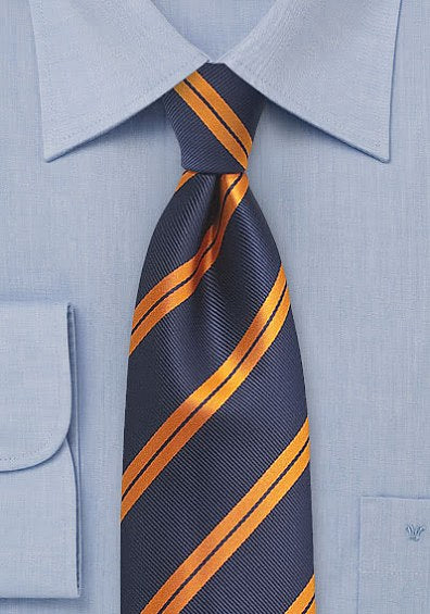 Cravata matase barbati dungi model bleumarin cupru-portocaliu