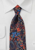 Cravata fina albastru inchis cravate barbati de matase cu flori--Cravate Online