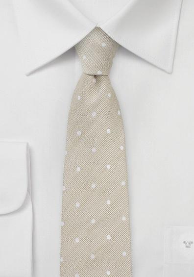 Cravata ingusta crem pal cu buline din matase & bumbac satinat--Cravate Online