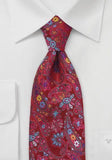 Cravata, marime mare allover cu motive florale, rosu cires, de lux