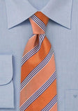 Cravata matase orange cu linii subtiri albastre,model mare--Cravate Online