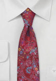 Cravate matase, model floral, îngust, roșu vișiniu