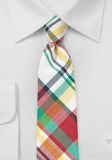 Cravate slim alb multicolor de bumbac carouri