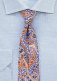 Cravată florala, din bumbac, model paisley, albastru deschis