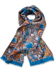 Eșarfă oțel larg albastru model Paisley, 160 x 24 cm